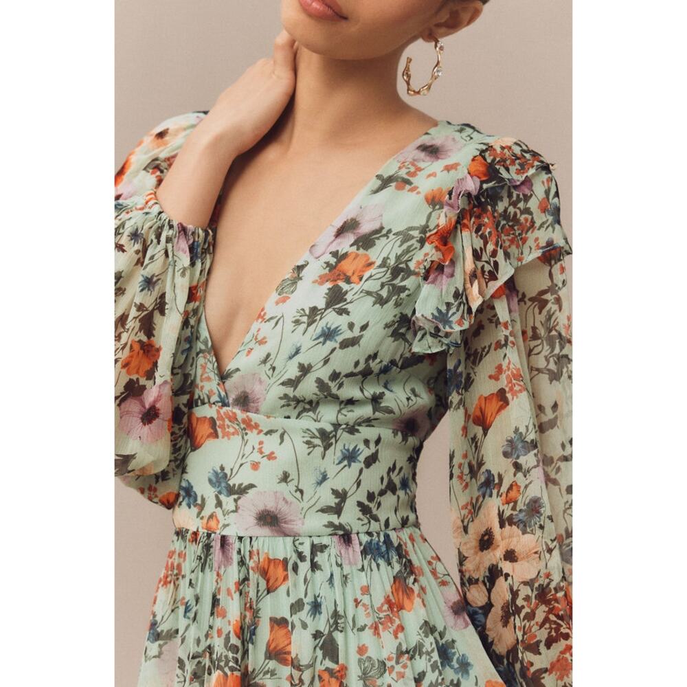 BHLDN Floral Chiffon Plunge Long-Sleeve Ruffle Maxi Dress Size US S - Picture 3 of 12